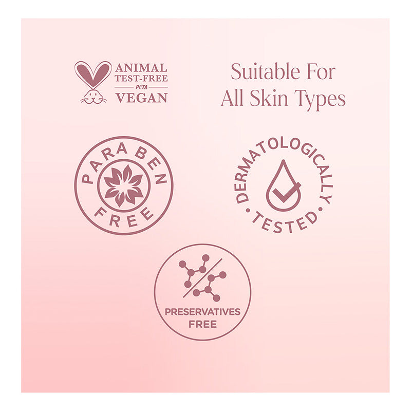 Certification logos for animal test-free, vegan, paraben-free, dermatologically tested, and preservatives-free on a pink background.