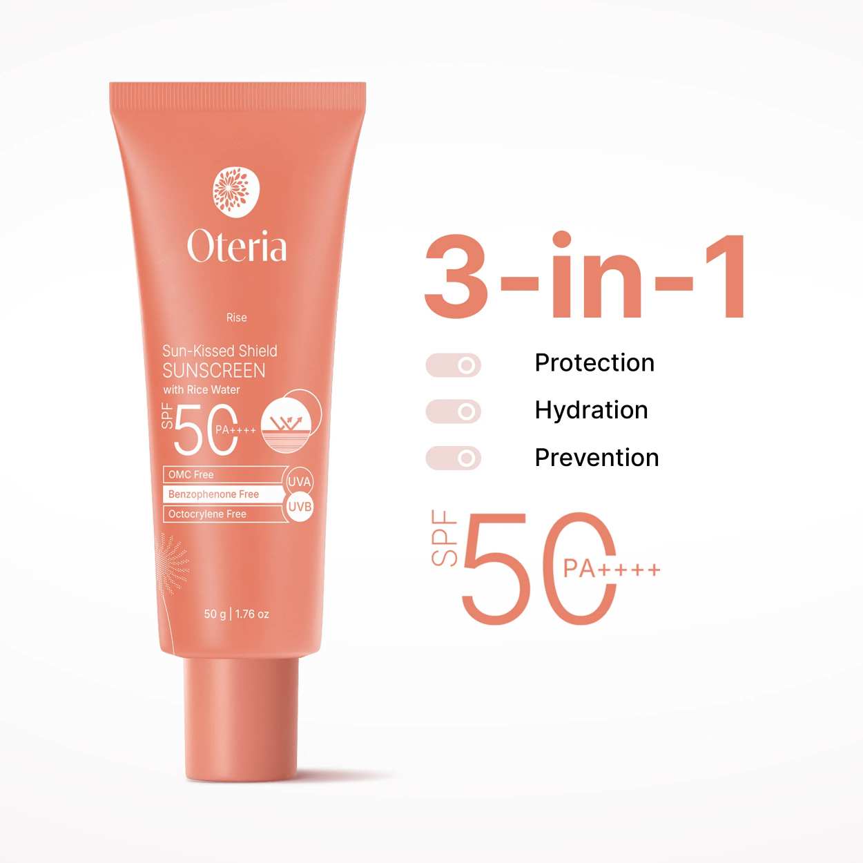 Oteria sunscreen tube with SPF 50 on a white background