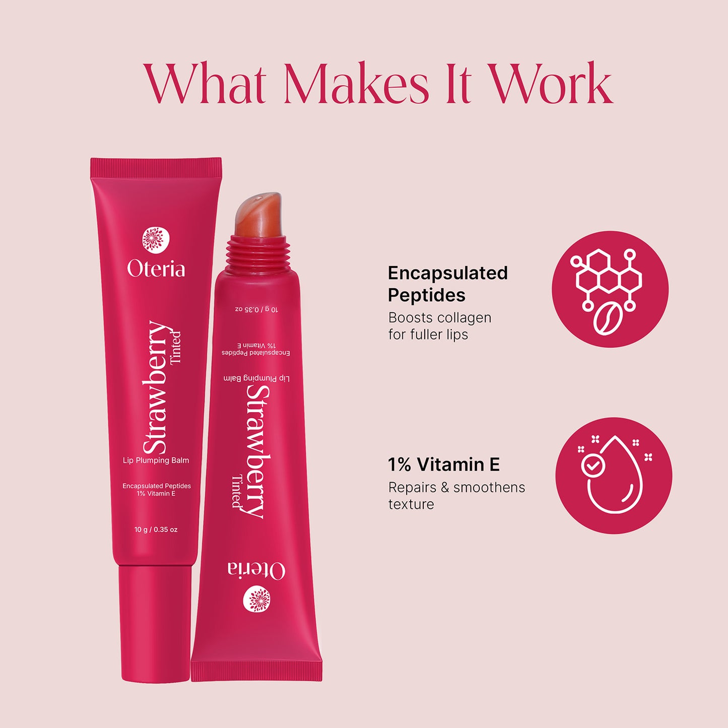 Oteria Strawberry Time lip balm and lip balm stick with product features on a pink background