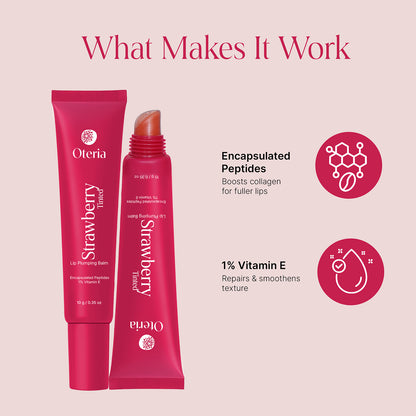 Oteria Strawberry Time lip balm and lip balm stick with product features on a pink background