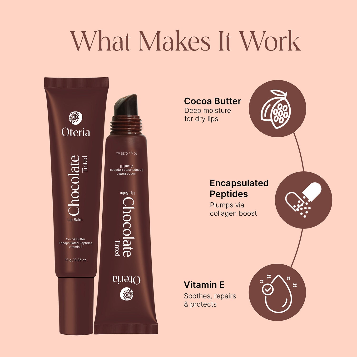 Oleria chocolate lip balm with ingredients listed on a beige background