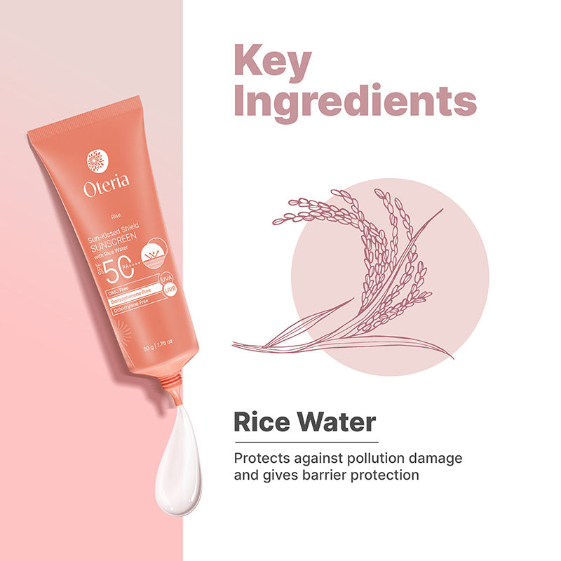 Oteria sunscreen tube with rice water illustration on a pink background