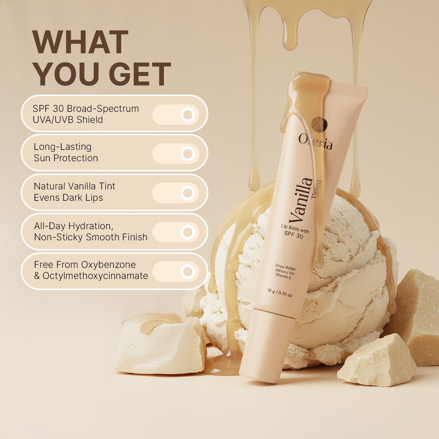 Vanilla skincare product with text detailing features on a beige background