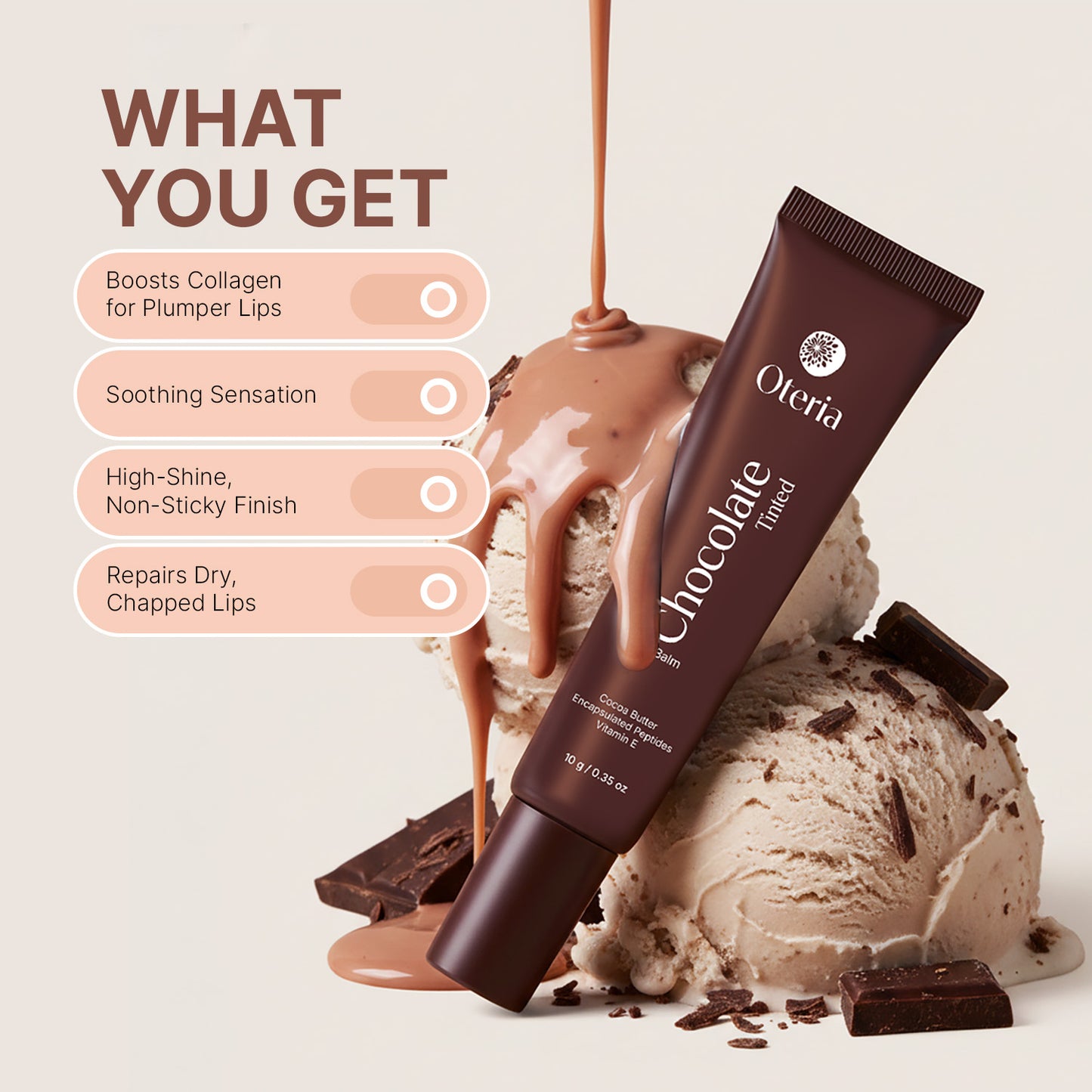 Chocolate Tinted Lip Balm | With Cocoa Butter, Encapsulated Peptides & Vitamin E | Smooth, Plump Lips