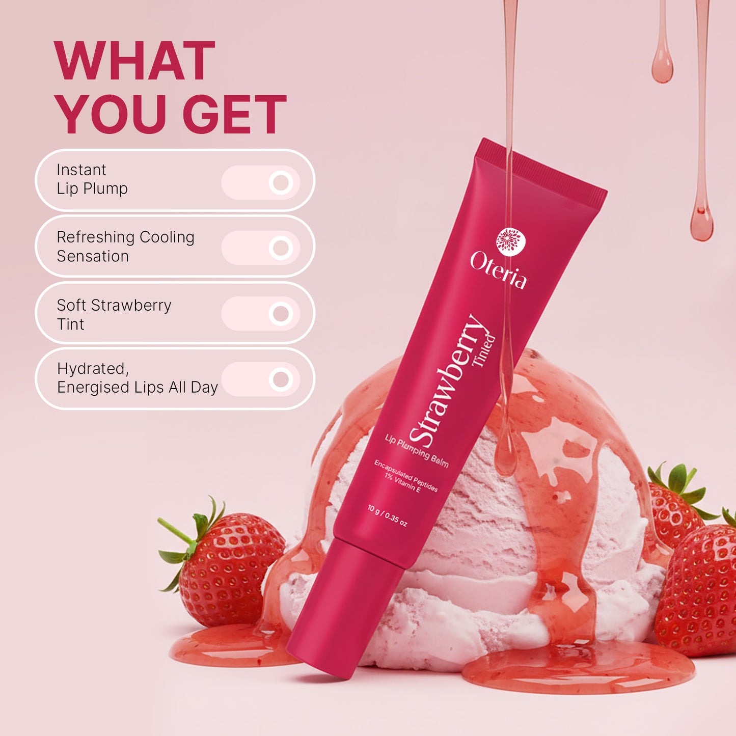 Pink lip balm tube with strawberry flavor on a pink background with ice cream and strawberries.