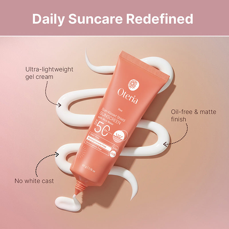 Oteria sunscreen tube with product features on a pink background