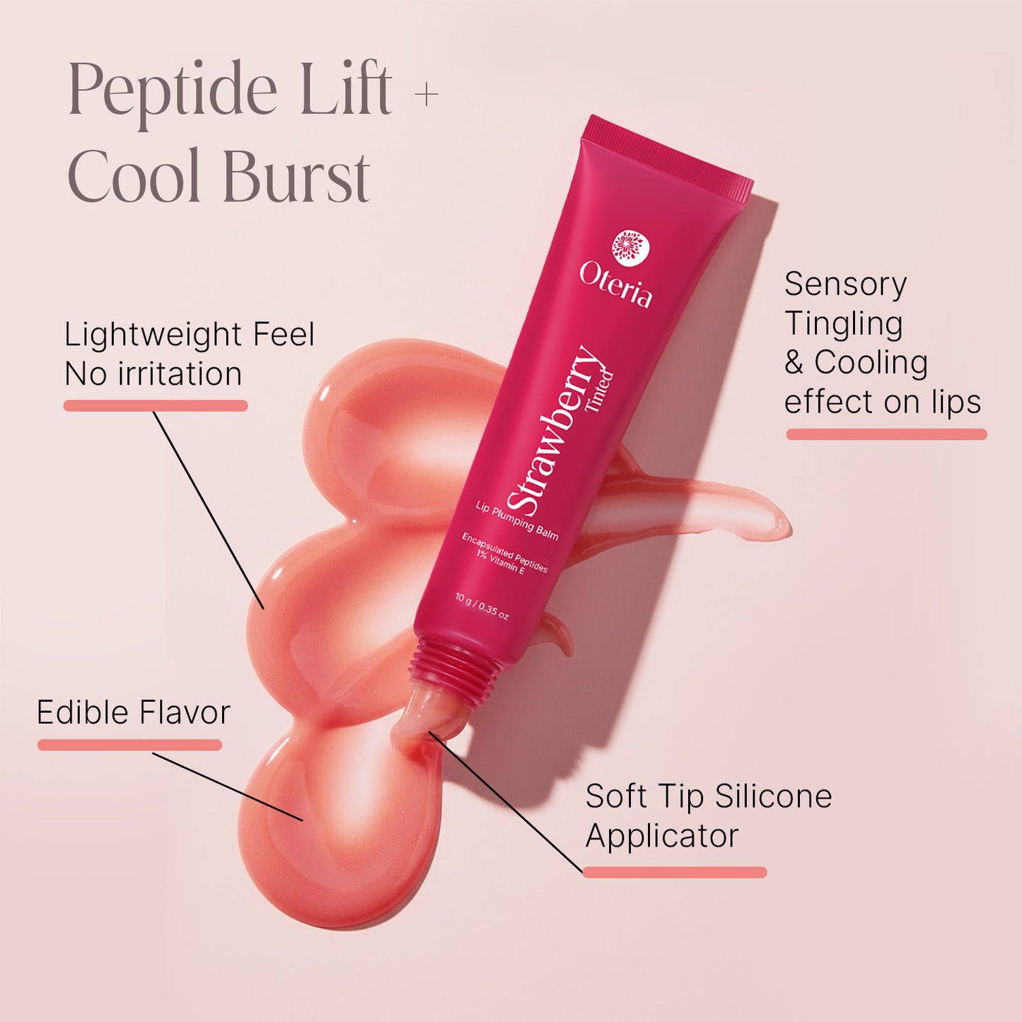 Oteria Strawberry lip balm tube with product features on a pink background