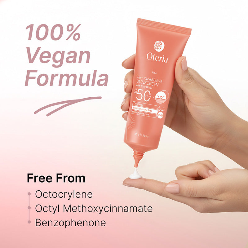 Oferia sunscreen tube being applied to a hand with '100% Vegan Formula' text on a gradient background.