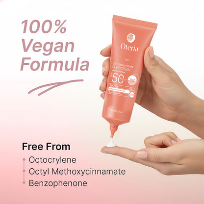 Oferia sunscreen tube being applied to a hand with '100% Vegan Formula' text on a gradient background.