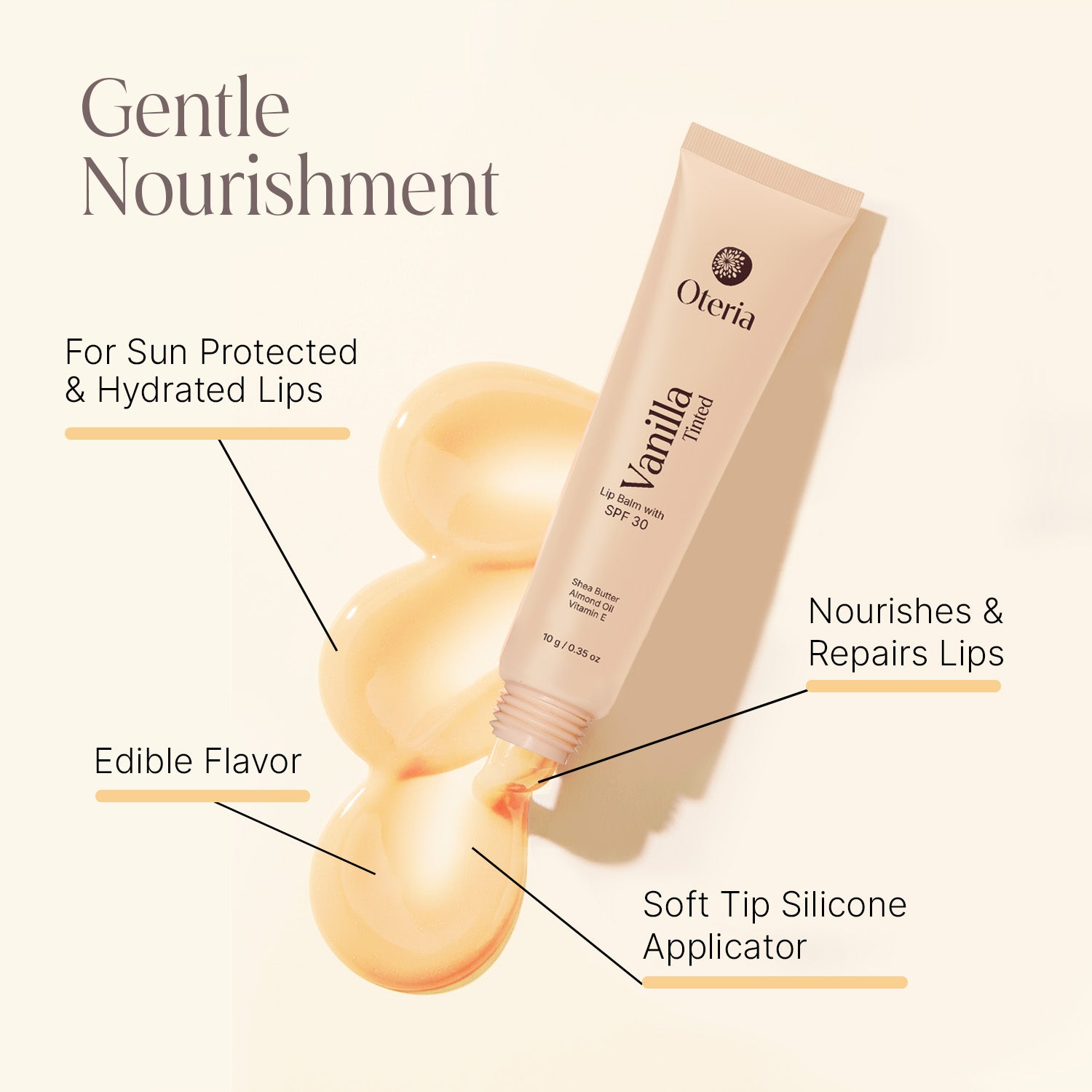 Oteria Vanilla flavored lip balm with text highlighting features on a beige background