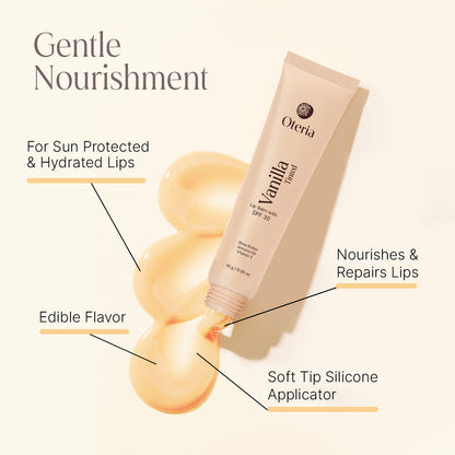 Oteria Vanilla flavored lip balm with text highlighting features on a beige background