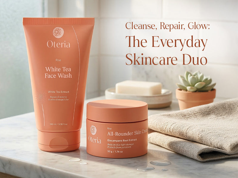 Oteria skincare products including face wash and cream on a marble surface with text 'Cleanse, Repair, Glow: The Everyday Skincare Duo'.